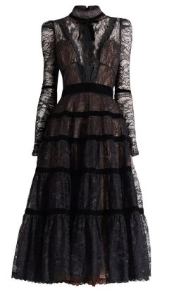 Janique - K6631 Lace Velvet High Neck Dress