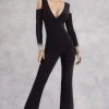 Janique - Sleek Pearl Embellished Long Sleeved Pantsuit K6583 1 Janique - Sleek Pearl Embellished Long Sleeved Pantsuit K6583