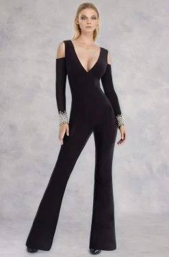 Janique - Sleek Pearl Embellished Long Sleeved Pantsuit K6583