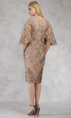Janique - W2068 Quarter Tulip Sleeves Lace Appliqued Sheath Dress