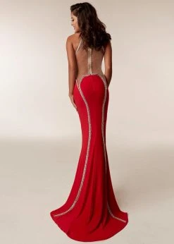 Jasz Couture - 6208 High Halter Contoured Jewel-Trimmed Panel Gown