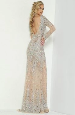 Jasz Couture - 6455 Bateau Long Sleeves Embellished Sheath Dress