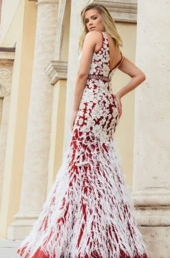 Jasz Couture - 7003 Floral Embroidered Deep V-neck Feathered Dress 9 Jasz Couture - 7003 Floral Embroidered Deep V-neck Feathered Dress