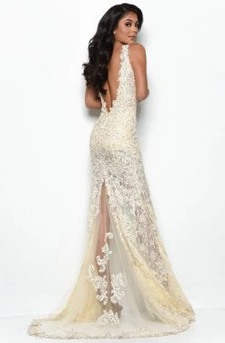 Jasz Couture - 7051 Beaded Lace Dress With Slit