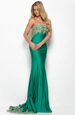 Jasz Couture - 7071 Lace Appliqued Strapless Sheath Dress