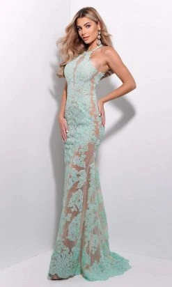Jasz Couture - 7249 Lace Applique Halter Neck Sheath Dress