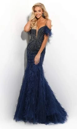 Jasz Couture - 7310 Embellished Feathered Trumpet Dress