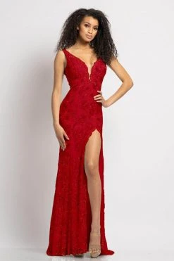 Johnathan Kayne - 2181 Lace Deep V-Neck Embellished High Slit Dress 13 Johnathan Kayne - 2181 Lace Deep V-Neck Embellished High Slit Dress