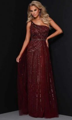 Johnathan Kayne - 2416 One Sleeve Sequined With Overskirt Gown