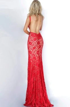 Jovani - 00782 Backless V Neck Allover Lace Fitted Long Dress