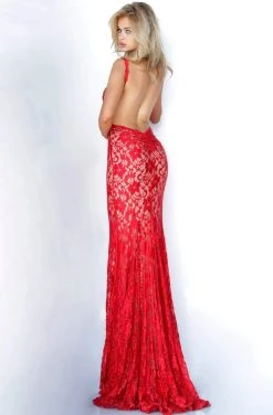 Jovani - 00782 Backless V Neck Allover Lace Fitted Long Dress