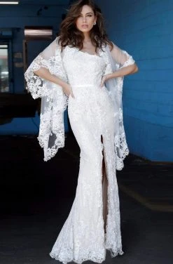 Jovani - 00866 One Shoulder Lace Dress With Slit