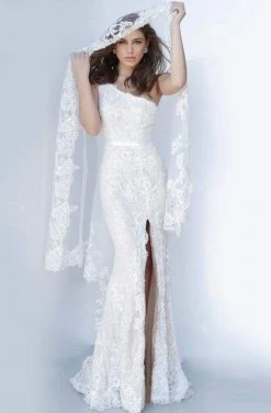 Jovani - 00866 One Shoulder Lace Dress With Slit