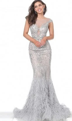 Jovani - 00880 Metallic Ornate Feather-Fringed Flare Gown