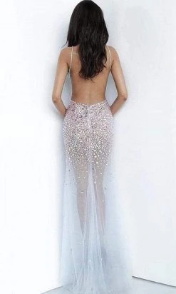 Jovani - 02047 Embellished Deep V-neck Sheer Fitted Dress