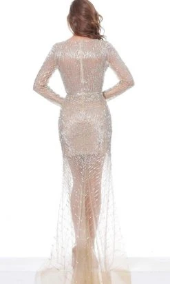 Jovani - 02497 Beaded Long Sleeve V Neck Trumpet Dress