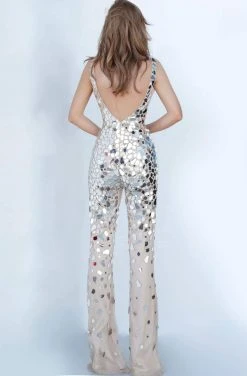 Jovani - 02507 Sexy V-Neck Glass Cut Jumpsuit