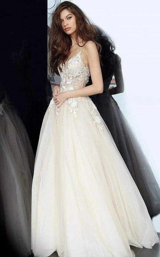 Jovani - 02758 Floral Applique Plunging V-neck Ballgown 6 Jovani - 02758 Floral Applique Plunging V-neck Ballgown