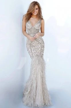 Jovani - 02798 V-Neck Bejewel Feather Sheath Silhouette 13 Jovani - 02798 V-Neck Bejewel Feather Sheath Silhouette
