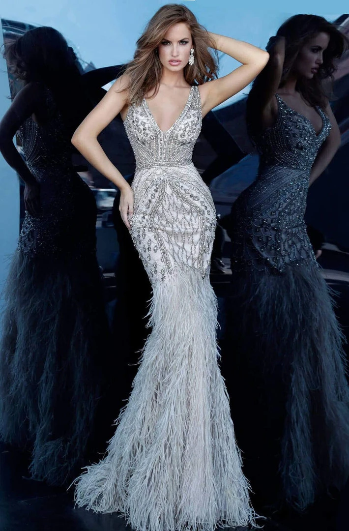 Jovani - 02798 V-Neck Bejewel Feather Sheath Silhouette 8 Jovani - 02798 V-Neck Bejewel Feather Sheath Silhouette