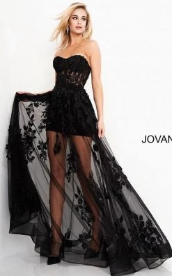 Jovani - 02845 Floral Embellished Corset Bodice Sheer Overskirt Gown