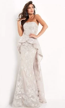 Jovani - 02966 Embroidered Cascading Peplum Gown