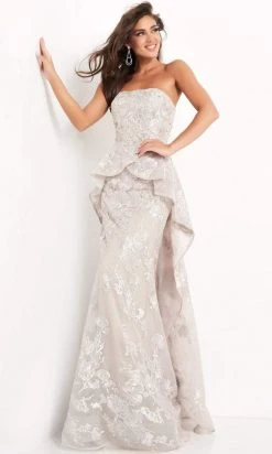 Jovani - 02966 Embroidered Cascading Peplum Gown