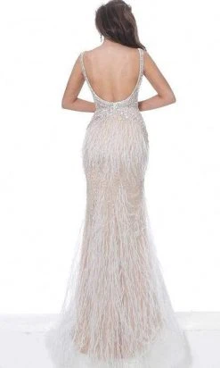 Jovani - 03023 Sheer Bodice Beaded Adorned Feather Fitted Evening Gown