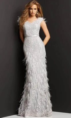 Jovani 03108 - V-Neck Feathered Evening Dress