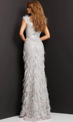 Jovani 03108 - V-Neck Feathered Evening Dress
