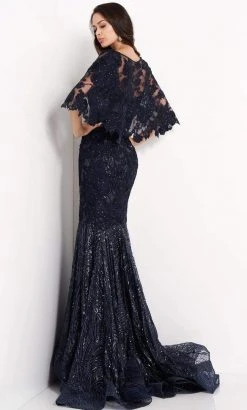 Jovani - 03158 Embroidered V Neck Trumpet Dress With Train