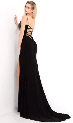 Jovani - 03251 Polkadot Draped High Slit Sheath Gown