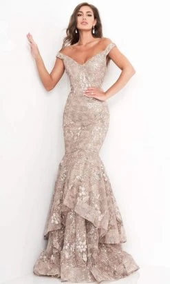 Jovani - 03264 Off Shoulder Sequined Lace Gown