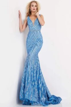 Jovani - 03570 Plunging Neck Shimmer Stripe Evening Gown