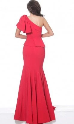 Jovani - 03856 Bow Accent One Shoulder Peplum Waist Mermaid Gown