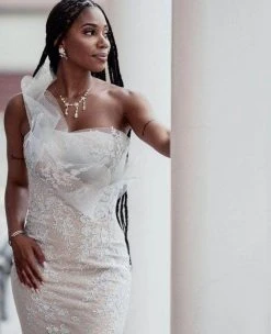 Jovani - 03904 Lace Asymmetric Neck Trumpet Dress