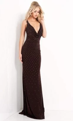 Jovani - 04036 Plunging Cowl Neckline Beaded Fitted Long Dress