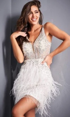 Jovani - 04042 Beaded Scoop Back Feather Fringe Cocktail Dress