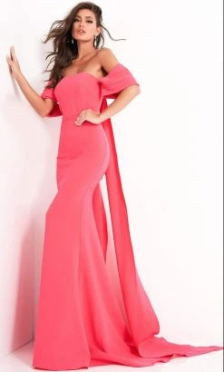 Jovani - 04350 Off Shoulder Crepe Evening Dress With Long Cape