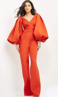 Jovani - 04372 V-Neck Stretch Scuba Bubble Sleeve Jumpsuit