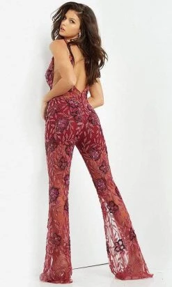 Jovani - 04402 V Neck See Through Beaded Jumpsuit