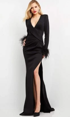 Jovani - 04501 V Neckline Feathered Sleeve Slit Gown 10 Jovani - 04501 V Neckline Feathered Sleeve Slit Gown