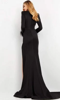 Jovani - 04501 V Neckline Feathered Sleeve Slit Gown 12 Jovani - 04501 V Neckline Feathered Sleeve Slit Gown