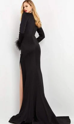 Jovani - 04501 V Neckline Feathered Sleeve Slit Gown