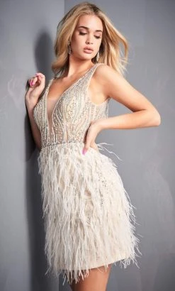 Jovani - 04619 Beaded V-Neck Feather-Fringed Dress