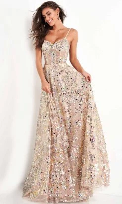 Jovani - 04630 Spaghetti Strap Sequin Paillette Ornate Gown