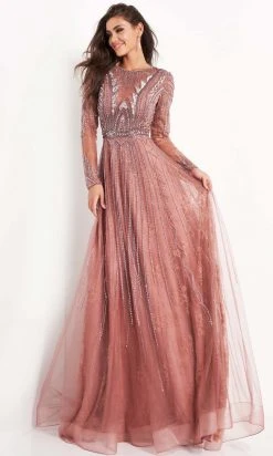 Jovani - 04698 Long Sleeve Geometric Beaded A-Line Gown