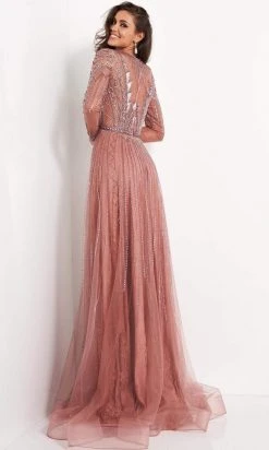 Jovani - 04698 Long Sleeve Geometric Beaded A-Line Gown