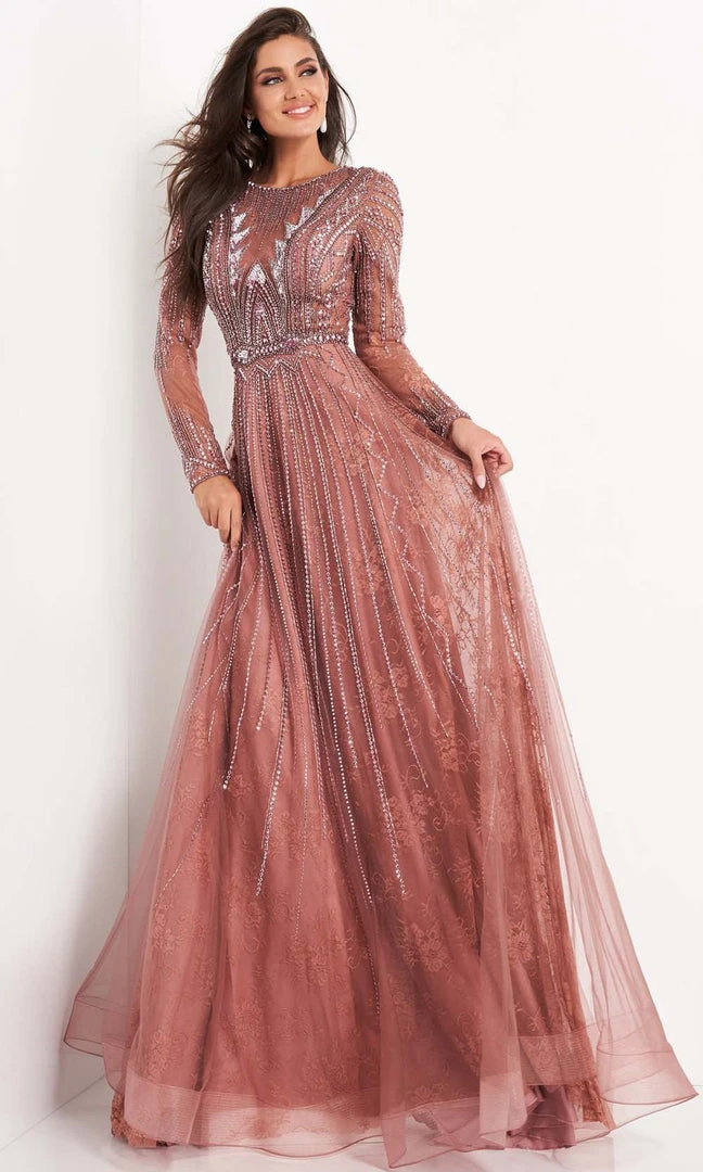 Jovani - 04698 Long Sleeve Geometric Beaded A-Line Gown 5 Jovani - 04698 Long Sleeve Geometric Beaded A-Line Gown