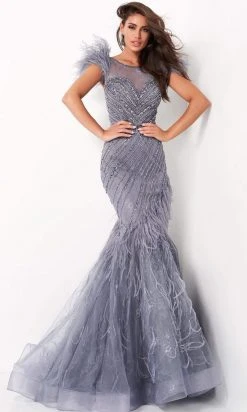 Jovani - 04702 Feather Fringed Cap Sleeve Beaded Gown